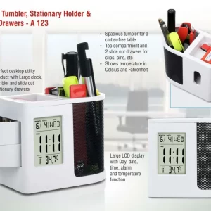 A123 – Clock with tumbler, stationary holder and slide out drawers